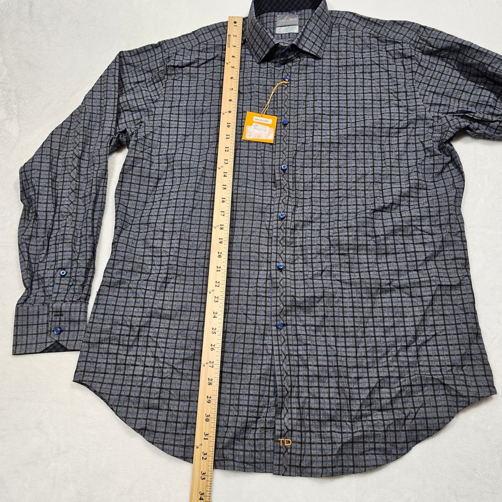 Thomas Dean Button Up Shirt Mens XL Grey Blue Grid Plaid Cotton Business Casual - Picture 6 of 9